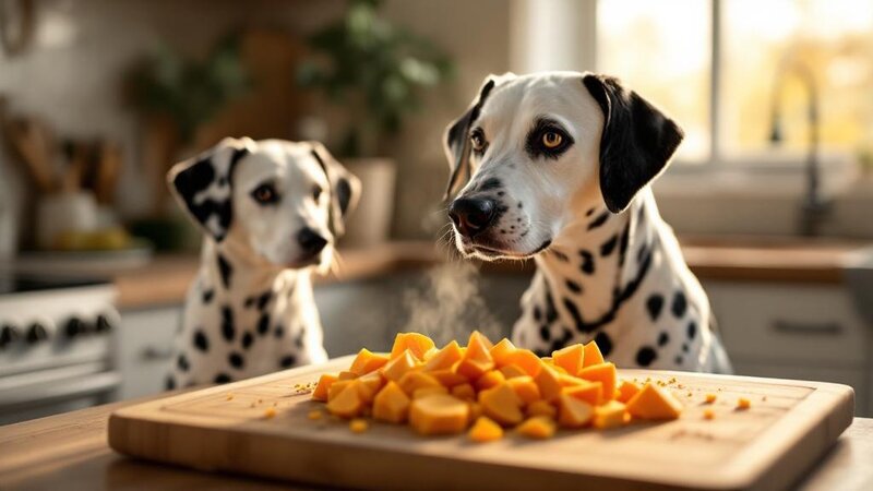 Cubed sweet potato pieces on a cutting board with a Dalmatian watching