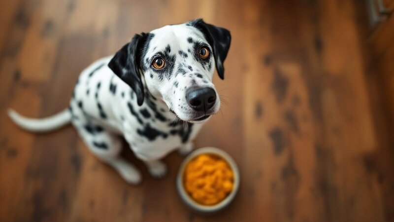 Measured portions of mashed sweet potato in a ceramic dog bowl