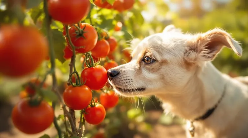 Ratonero Bodeguero junto a tomates maduros en huerto espanol