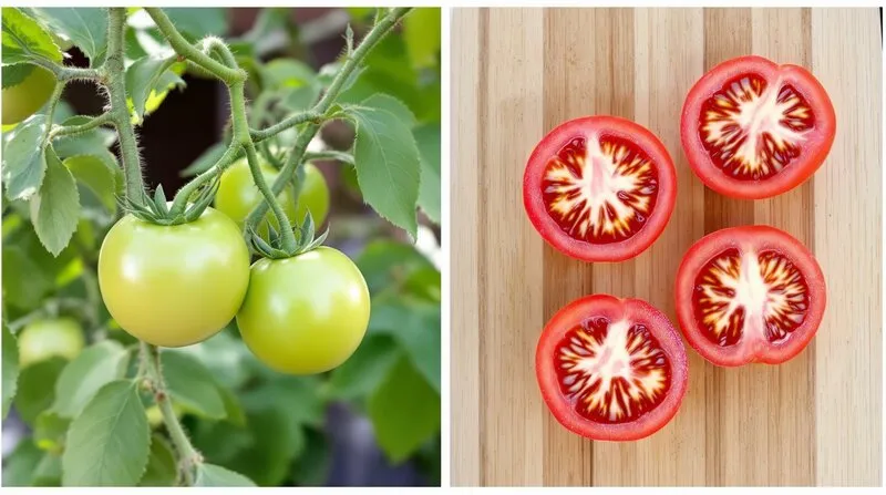Tomates verdes en la planta junto a tomates rojos maduros cortados