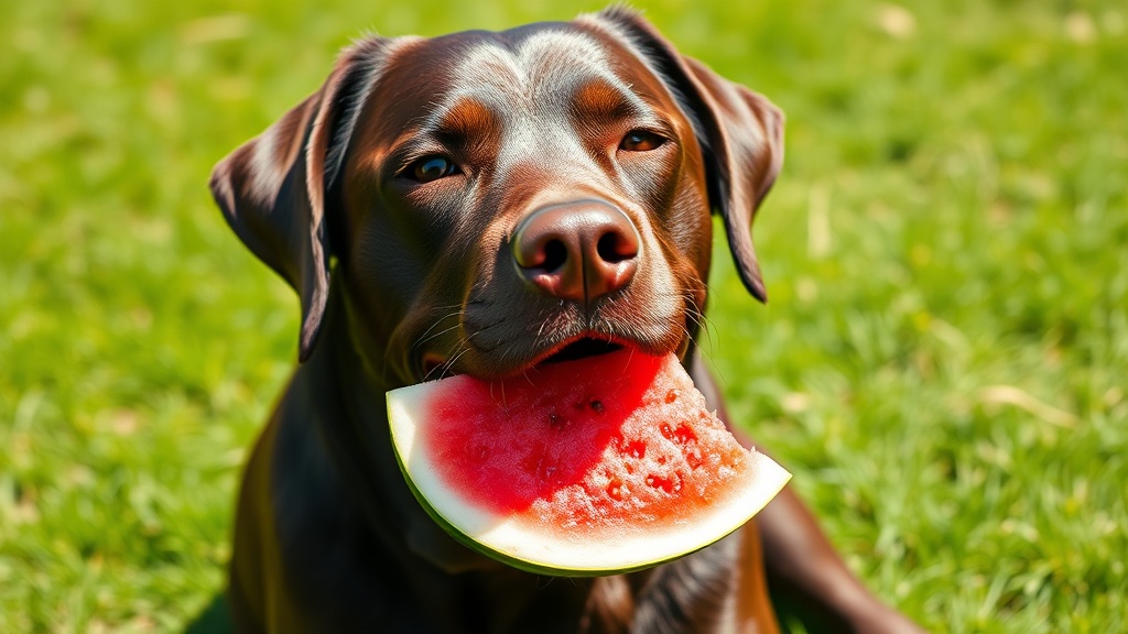 Chocolate labrador die watermeloen eet buiten